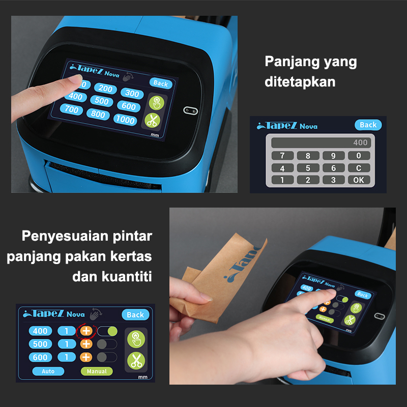 Dispenser pita kertas TapeZ Nova 2.0: Kawalan pintar melaraskan panjang dan kuantiti suapan pita secara automatik, memastikan penggunaan pita yang tepat dan sisa yang minimum.