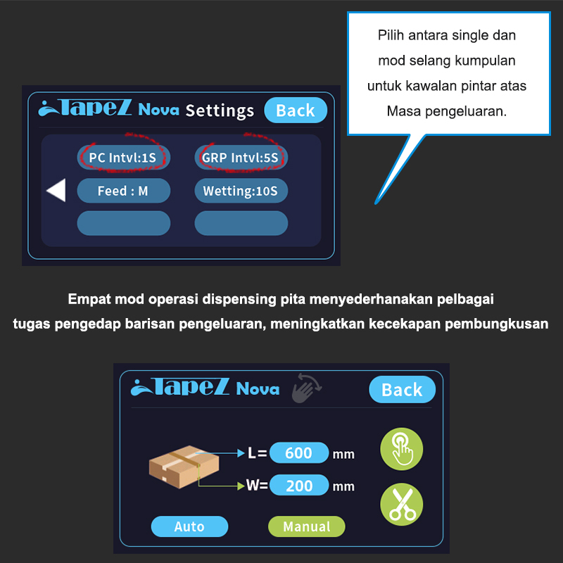 Dispenser pita automatik TapeZ Nova 2.0 menawarkan empat mod operasi, termasuk mod selang tunggal dan kumpulan, untuk meningkatkan kecekapan pembungkusan barisan pengeluaran.