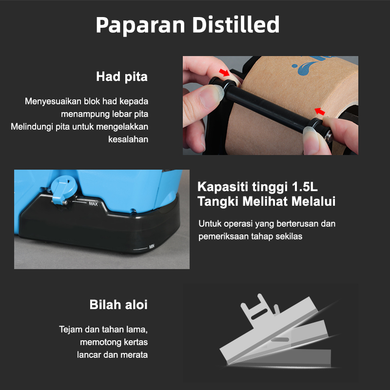 Mesin pita diaktifkan air ini mempunyai bilah aloi tahan lama, tangki air 1.5L berkapasiti tinggi, dan had pita boleh laras untuk pengedaran pita kertas yang tepat.