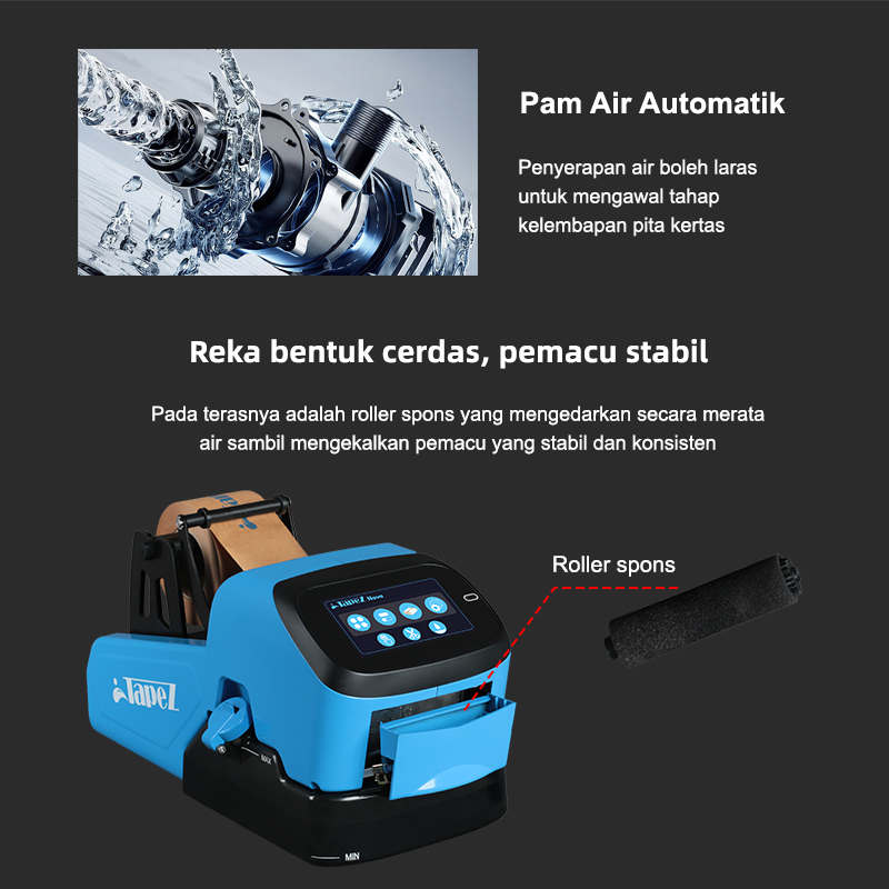 Dispenser pita elektrik ini menampilkan pam air automatik dan roller span pintar untuk mengawal tahap kelembapan pita kertas secara konsisten dan stabil.