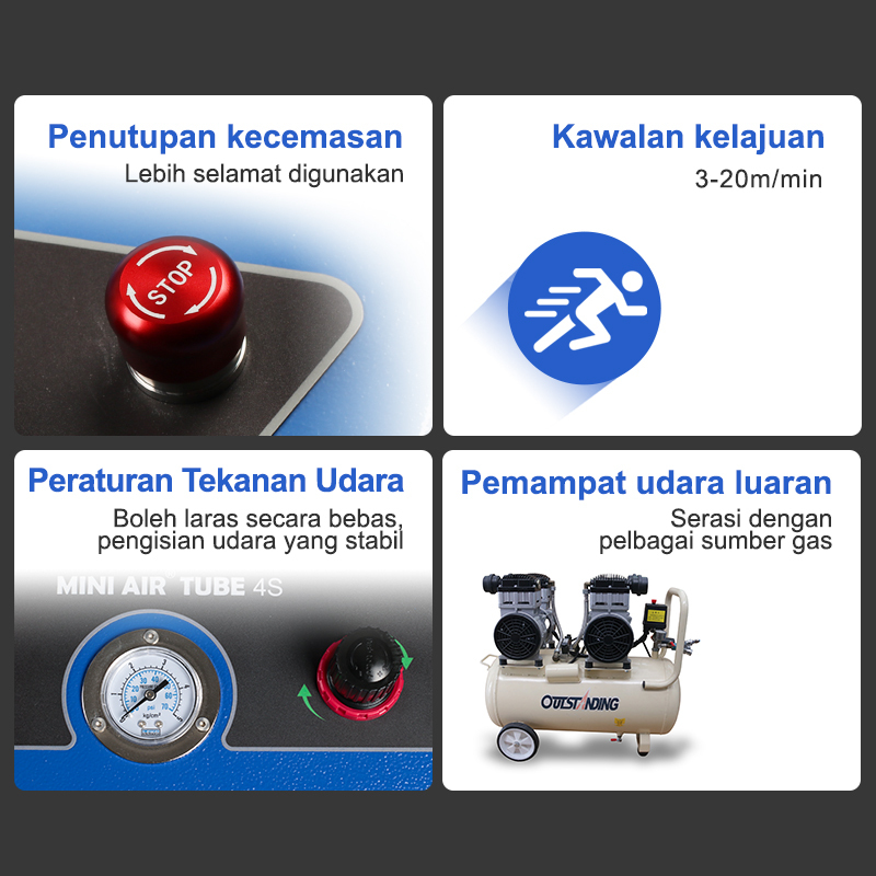 Fungsi utama Mesin Kolom Udara: Kelajuan/Tekanan boleh laras, ventilasi & butang berhenti kecemasan