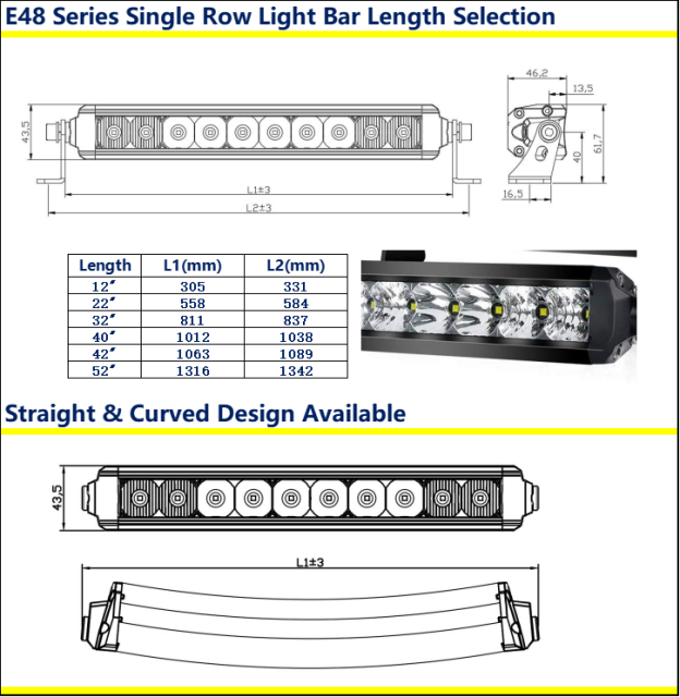 Single Row LED Light Bar E48 Series Length From 12 inch to 52 inch available With White/Drl:Amber