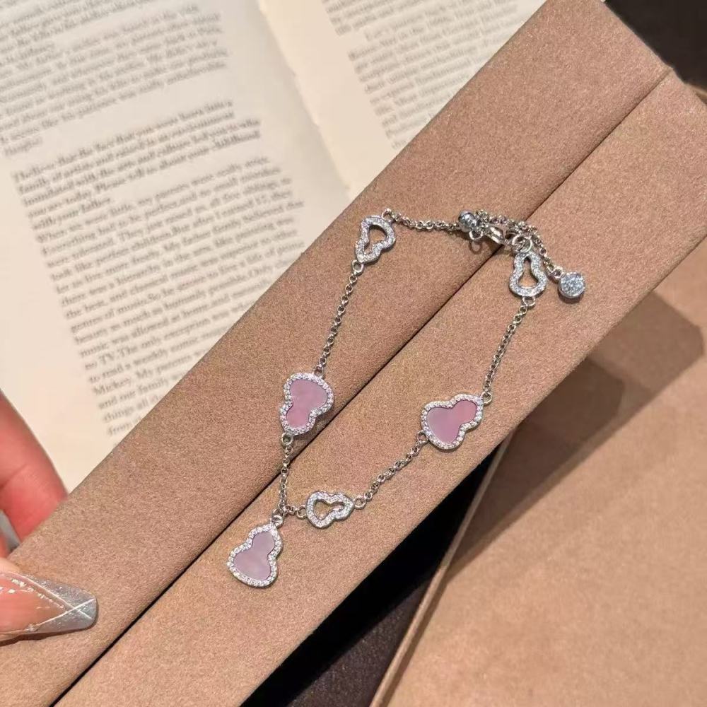 Bracelet - New Chinese Pink Mother Shell Gourd Fulu Good Luck Zircon Women's Bracelet, Gold and Silver