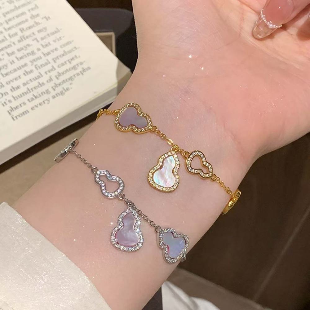 Bracelet - New Chinese Pink Mother Shell Gourd Fulu Good Luck Zircon Women's Bracelet, Gold and Silver