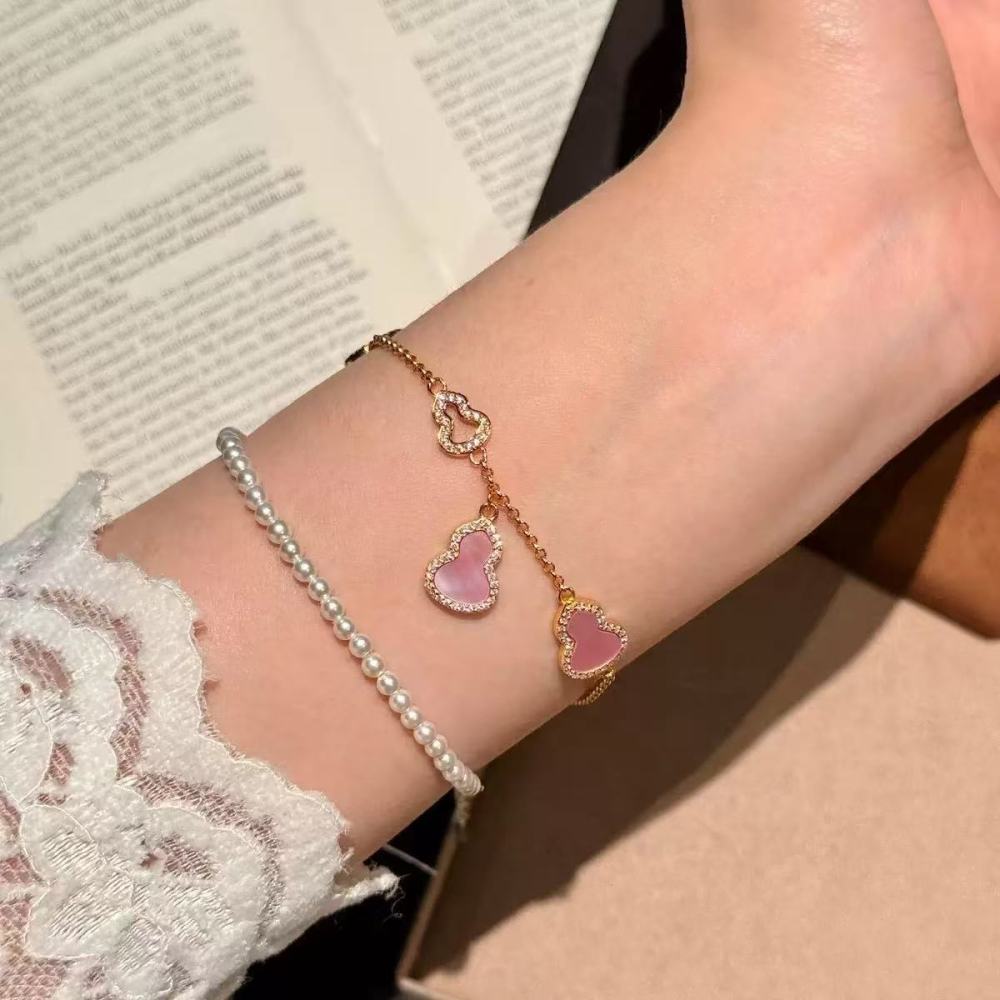 Bracelet - New Chinese Pink Mother Shell Gourd Fulu Good Luck Zircon Women's Bracelet, Gold and Silver