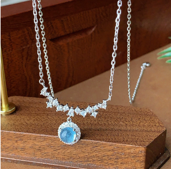 Necklace - natural sea blue water pendant inlaid small fresh design pendant clavicle chain