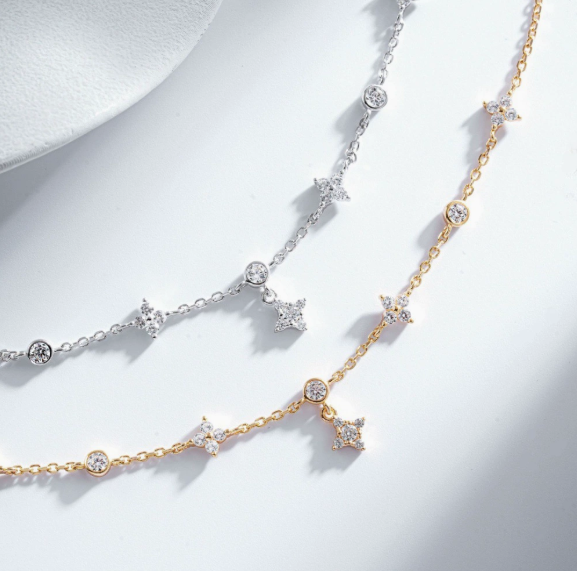 Bracelet-S925 Sterling Silver Bracelet Women's Versatile Star Quadrangle Full Diamond Zircon Bracelet Adjustable Ins Style Bracelet