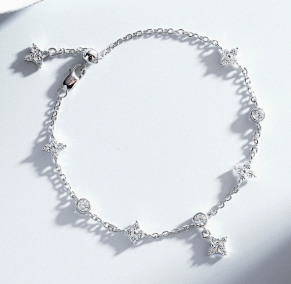 Bracelet-S925 Sterling Silver Bracelet Women's Versatile Star Quadrangle Full Diamond Zircon Bracelet Adjustable Ins Style Bracelet