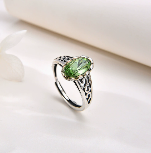 Popular 925 sterling silver green crystal ring women's cross-border retro personality fashion hollow ring opening adjustment, sterling silver crystal necklace women's summer