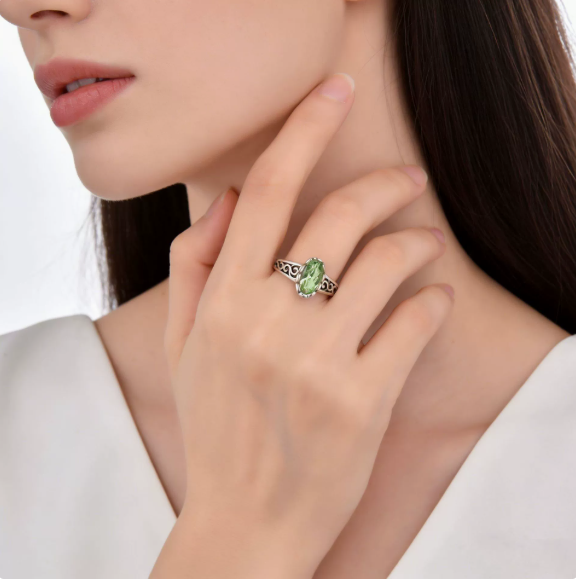Popular 925 sterling silver green crystal ring women's cross-border retro personality fashion hollow ring opening adjustment, sterling silver crystal necklace women's summer