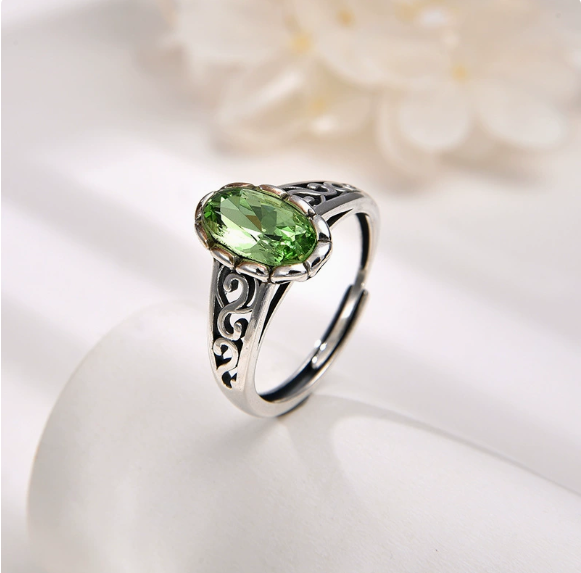 Popular 925 sterling silver green crystal ring women's cross-border retro personality fashion hollow ring opening adjustment, sterling silver crystal necklace women's summer