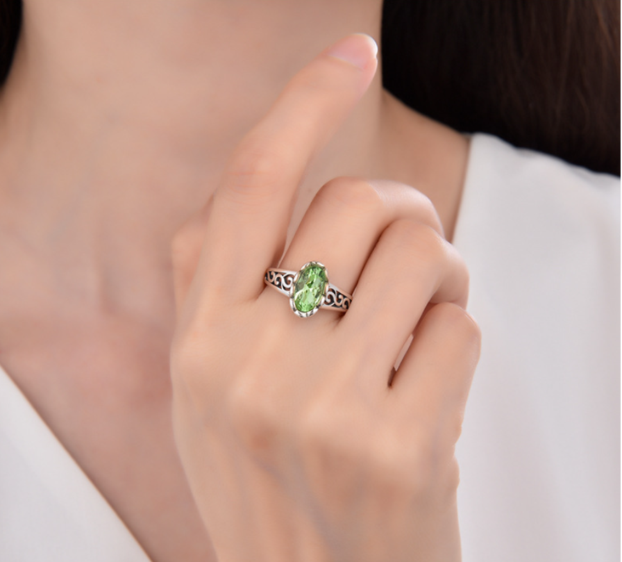 Popular 925 sterling silver green crystal ring women's cross-border retro personality fashion hollow ring opening adjustment, sterling silver crystal necklace women's summer