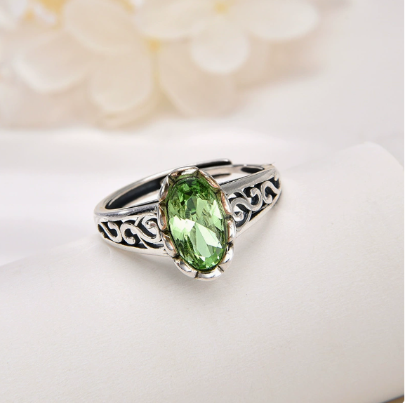 Popular 925 sterling silver green crystal ring women's cross-border retro personality fashion hollow ring opening adjustment, sterling silver crystal necklace women's summer
