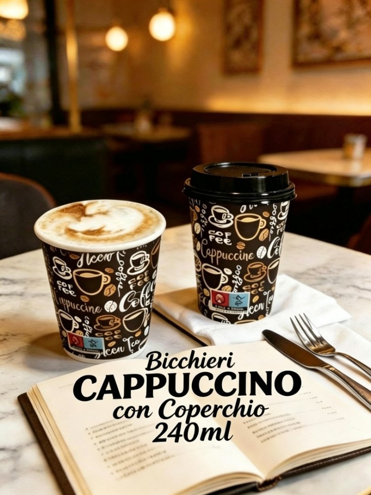 BICCHIERI CARTA  PER  CAPPUCCINO   240 ML CON  TAPPO  CONF.100PZ