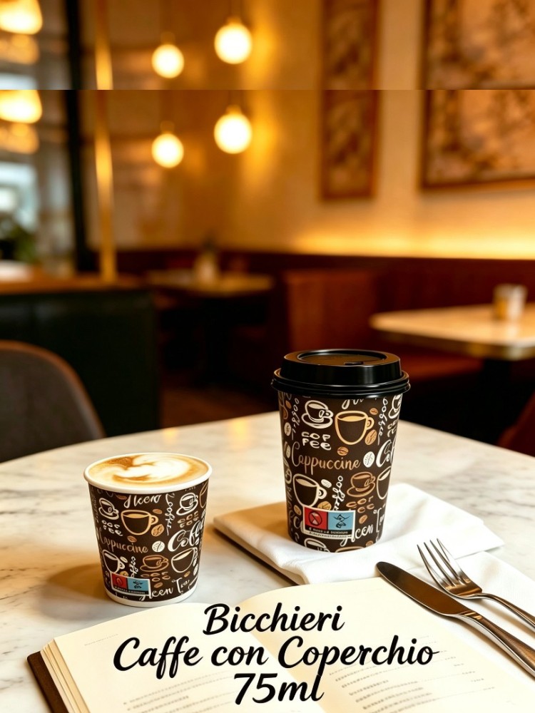 BICCHIERI CARTA  PER  CAFFE   75 ML CON  TAPPO  CONF.50PZ