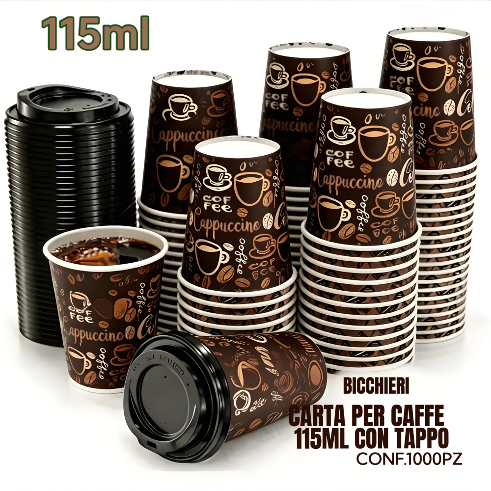 BICCHIERI CARTA PER CAFFE 115ML CON TAPPO CONF.1000PZ