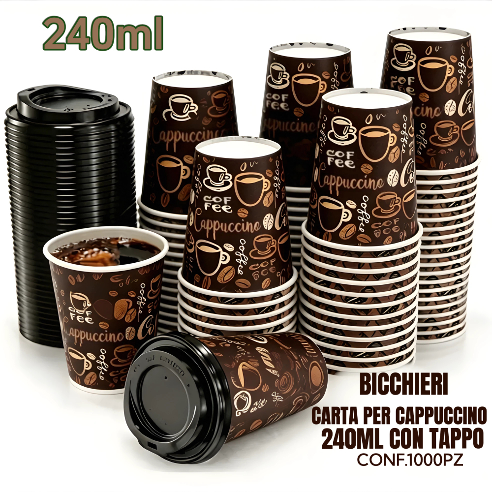 BICCHIERI CARTA PER CAPPUCCINO 240ML CON TAPPO CONF.1000PZ