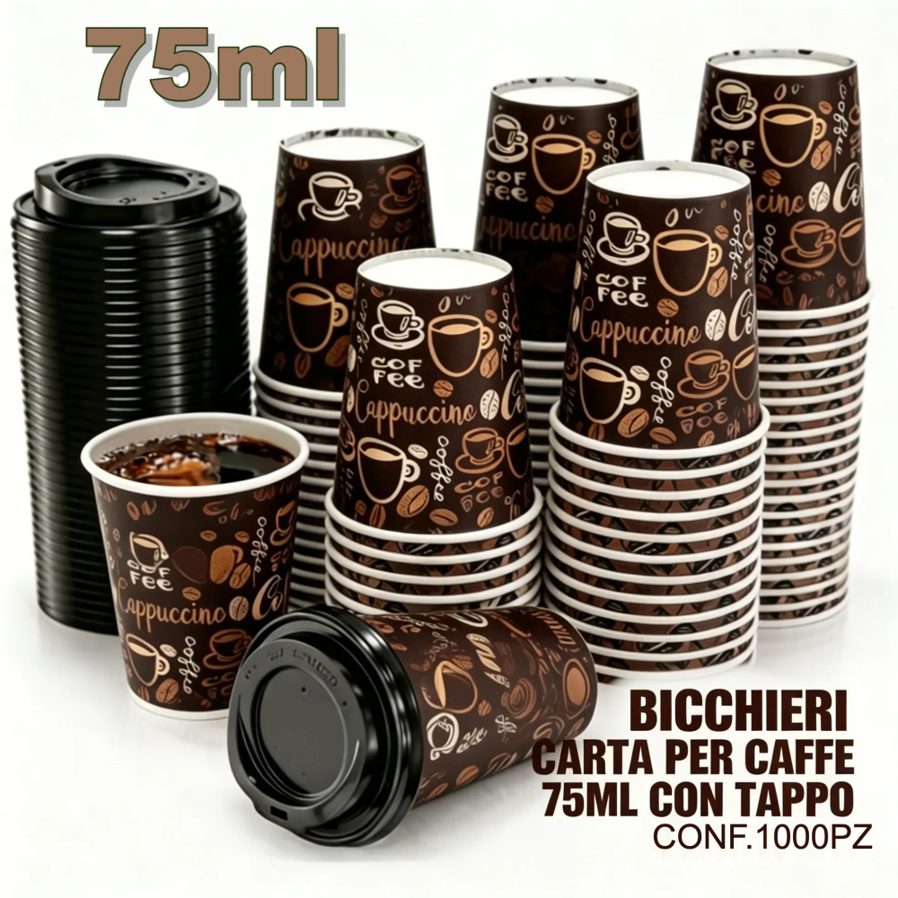 BICCHIERI CARTA PER CAFFE 75ML CON TAPPO CONF.1000PZ