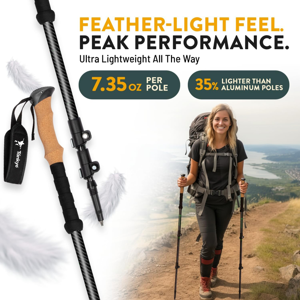 100% Carbon Fiber Trekking Poles Ultra Strong Lightweight Collapsible Hiking Poles with Cork and EVA Foam Grips & Quick Adjustable Flip Locks