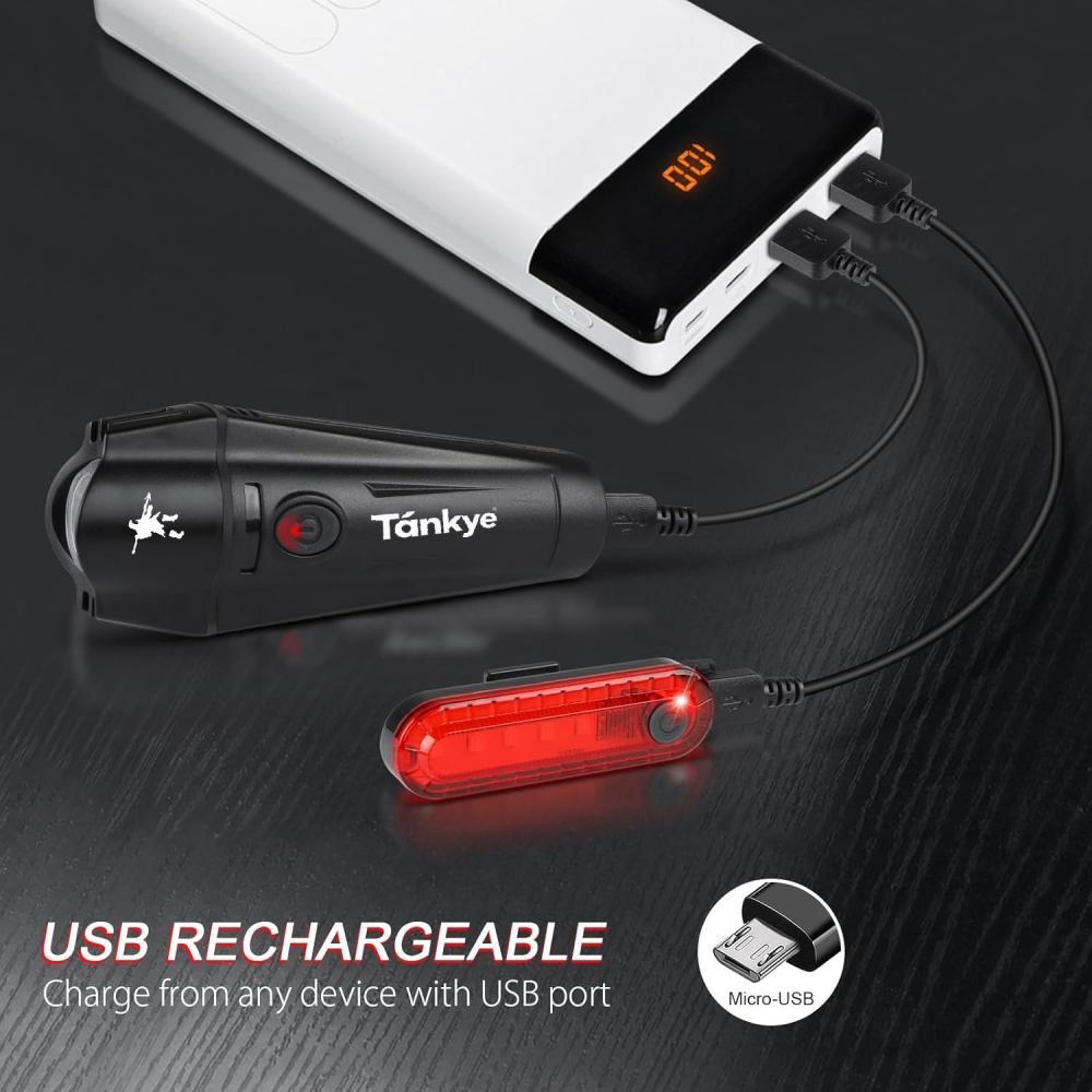 Ultra Bright USB Rechargeable Bike Light Set, Powerful Bicycle Front Headlight and Back Taillight, 4 Light Modes, Easy to Install for Men Women Kids Road Mountain Cycling Black