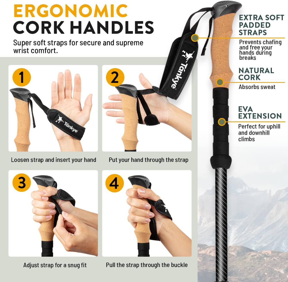 100% Carbon Fiber Trekking Poles Ultra Strong Lightweight Collapsible Hiking Poles with Cork and EVA Foam Grips & Quick Adjustable Flip Locks