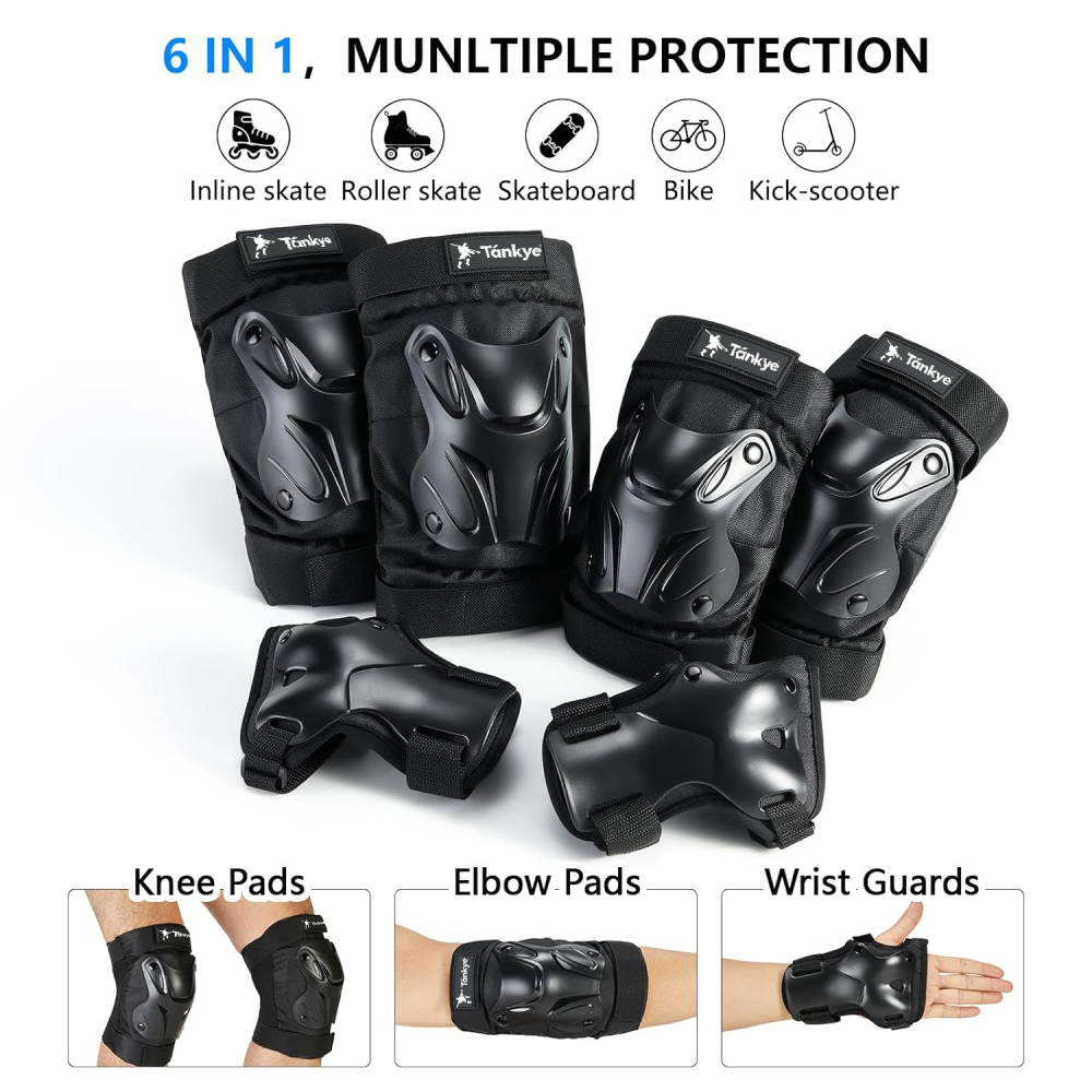 Skating Protective Gear Adult Knee and Elbow Pads Wrist Guards for Roller Skating Skateboarding, Skate Pads Adult Knee Pads for Men Women Black