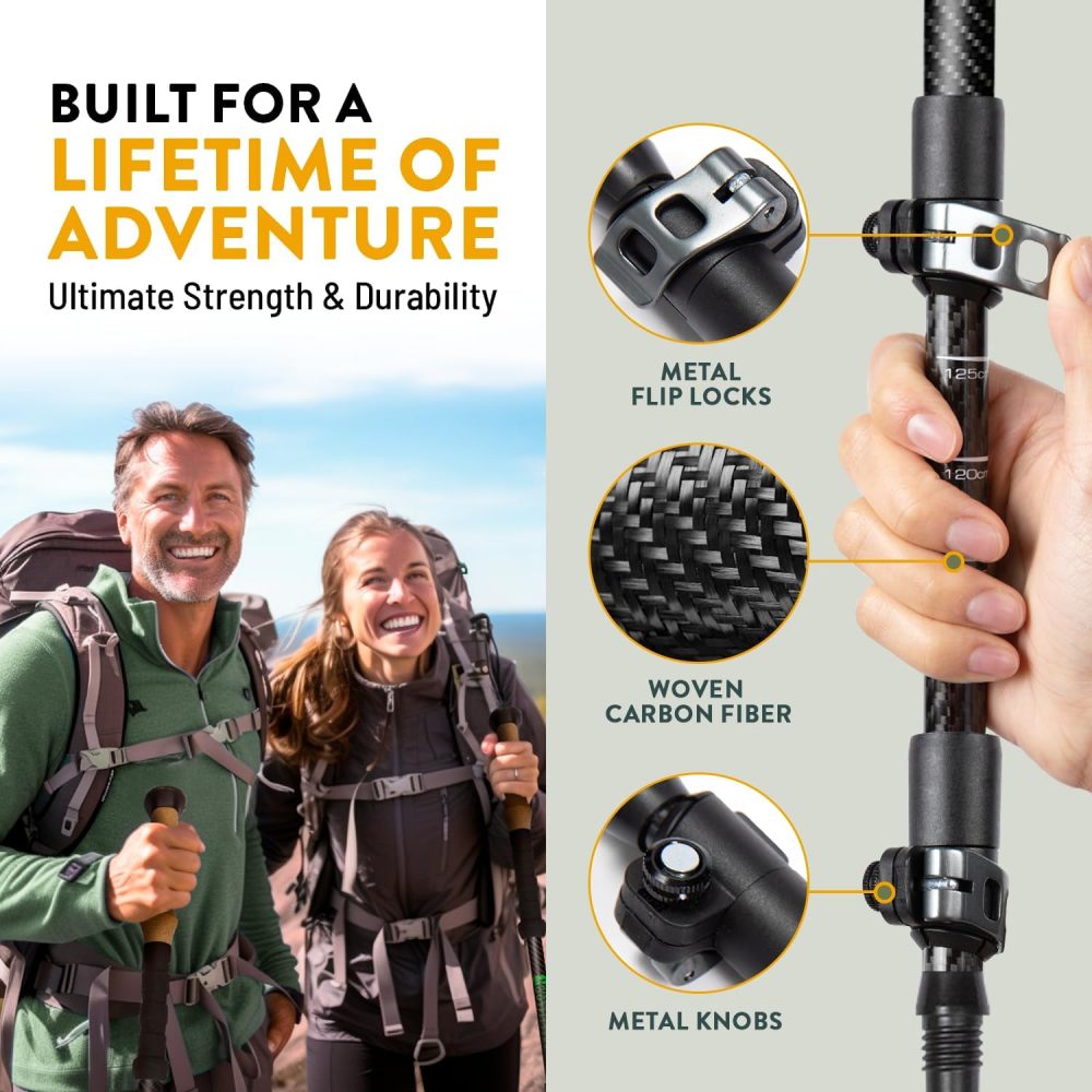 100% Carbon Fiber Trekking Poles Ultra Strong Lightweight Collapsible Hiking Poles with Cork and EVA Foam Grips & Quick Adjustable Flip Locks