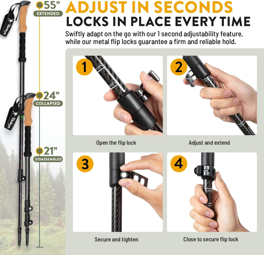 100% Carbon Fiber Trekking Poles Ultra Strong Lightweight Collapsible Hiking Poles with Cork and EVA Foam Grips & Quick Adjustable Flip Locks