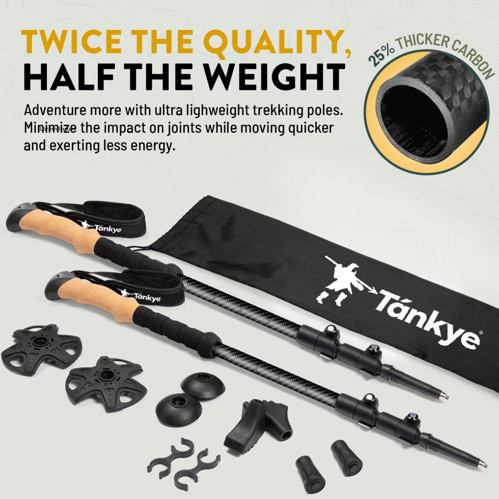 100% Carbon Fiber Trekking Poles Ultra Strong Lightweight Collapsible Hiking Poles with Cork and EVA Foam Grips & Quick Adjustable Flip Locks