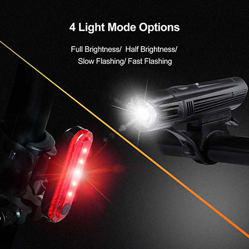 TANKYE Ultra Bright USB Rechargeable Bike Light Set, Powerful Bicycle Front Headlight and Back Taillight, 4 Light Modes, Easy to Install for Men Women Kids Road Mountain Cycling Black