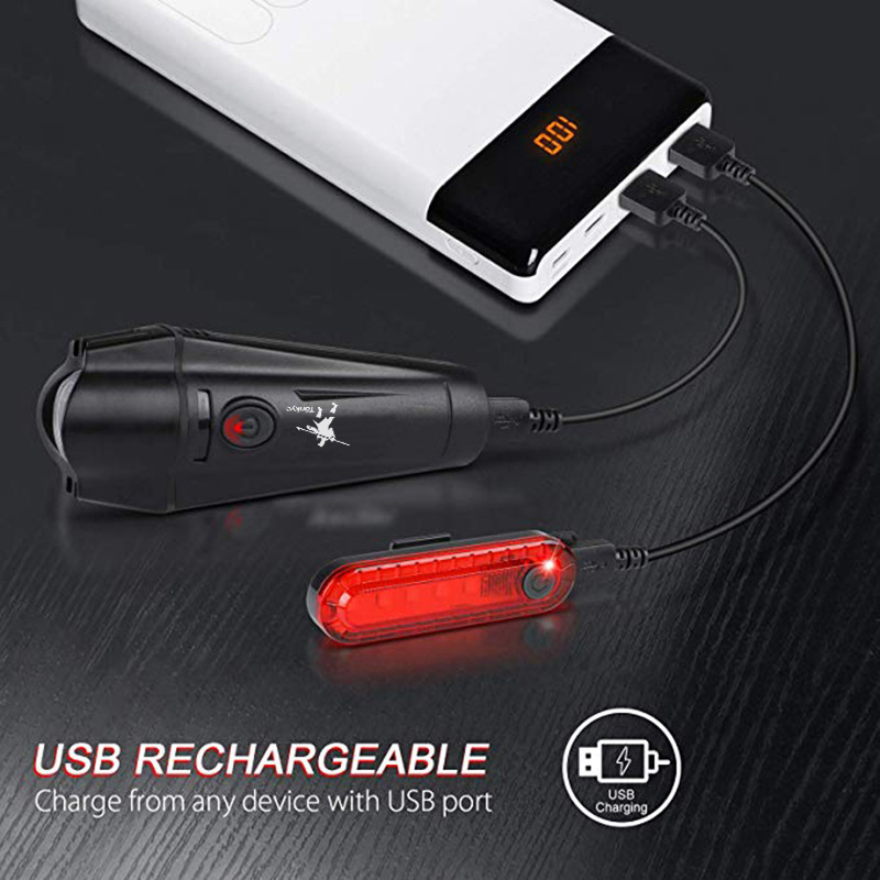 TANKYE Ultra Bright USB Rechargeable Bike Light Set, Powerful Bicycle Front Headlight and Back Taillight, 4 Light Modes, Easy to Install for Men Women Kids Road Mountain Cycling Black