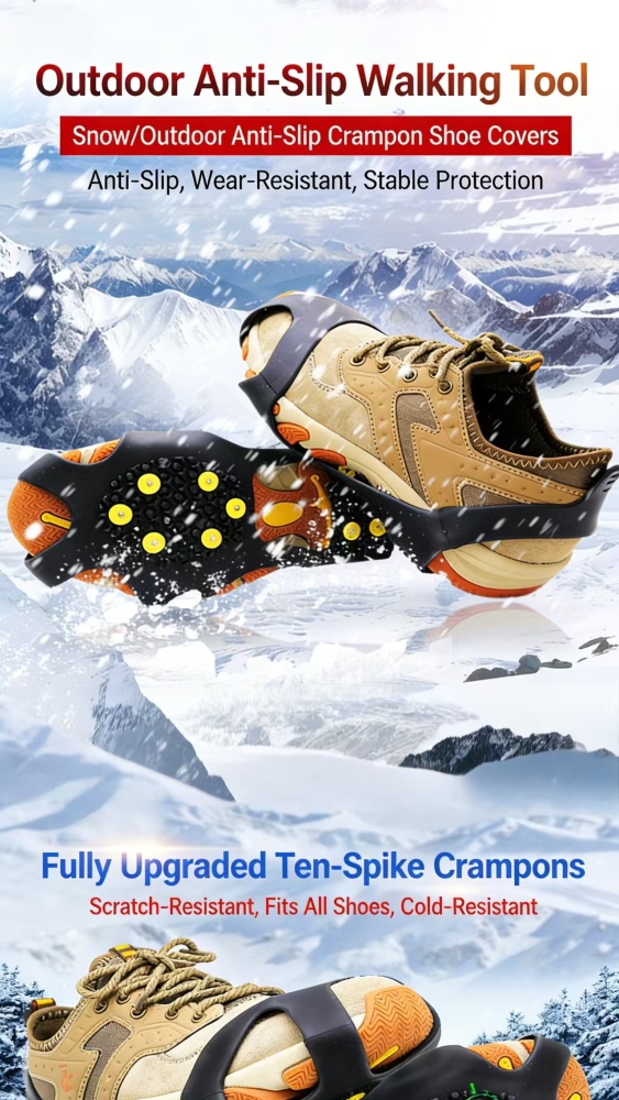 Ice crampons anti-slip shoe covers shoe sole gadget for snowy areas ice grip lightweight shoes with spikes, chain laces, for hiking, ten teeth, winter outdoor use