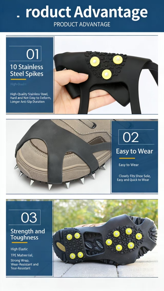 Tankye  Ice crampons anti-slip shoe covers shoe sole gadget for snowy terrain ice grip lightweight shoes with spikes, chain laces, for hiking, ten teeth, winter outdoor use