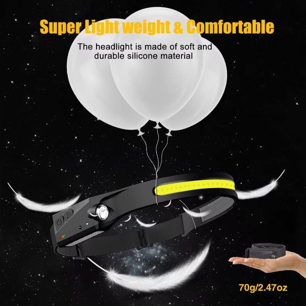 LED Headlamp Rechargeable, 230° Wide Beam headtorch with Motion Sensor, 4 Light Modes Adjustable, 5 Mode Waterproof Lightweight for Hiking Camping Running Outdoor