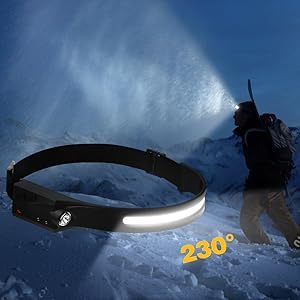 LED Headlamp Rechargeable, 230° Wide Beam headtorch with Motion Sensor, 4 Light Modes Adjustable, 5 Mode Waterproof Lightweight for Hiking Camping Running Outdoor
