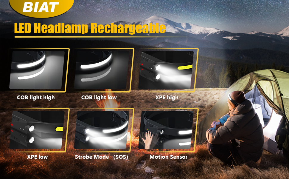 LED Headlamp Rechargeable, 230° Wide Beam headtorch with Motion Sensor, 4 Light Modes Adjustable, 5 Mode Waterproof Lightweight for Hiking Camping Running Outdoor