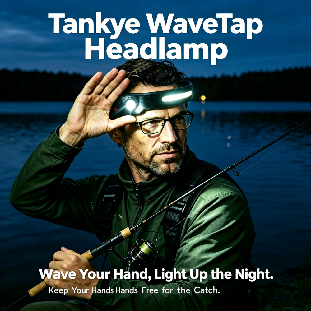 Tankye WaveTap Headlamp LED Headlamp Rechargeable, 230° Wide Beam headtorch with Motion Sensor, 4 Light Modes Adjustable, 5 Mode Waterproof Lightweight for Hiking Camping Running Outdoor