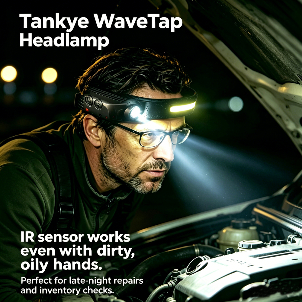 Tankye WaveTap Headlamp LED Headlamp Rechargeable, 230° Wide Beam headtorch with Motion Sensor, 4 Light Modes Adjustable, 5 Mode Waterproof Lightweight for Hiking Camping Running Outdoor