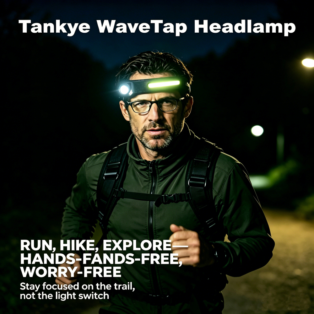 Tankye WaveTap Headlamp LED Headlamp Rechargeable, 230° Wide Beam headtorch with Motion Sensor, 4 Light Modes Adjustable, 5 Mode Waterproof Lightweight for Hiking Camping Running Outdoor