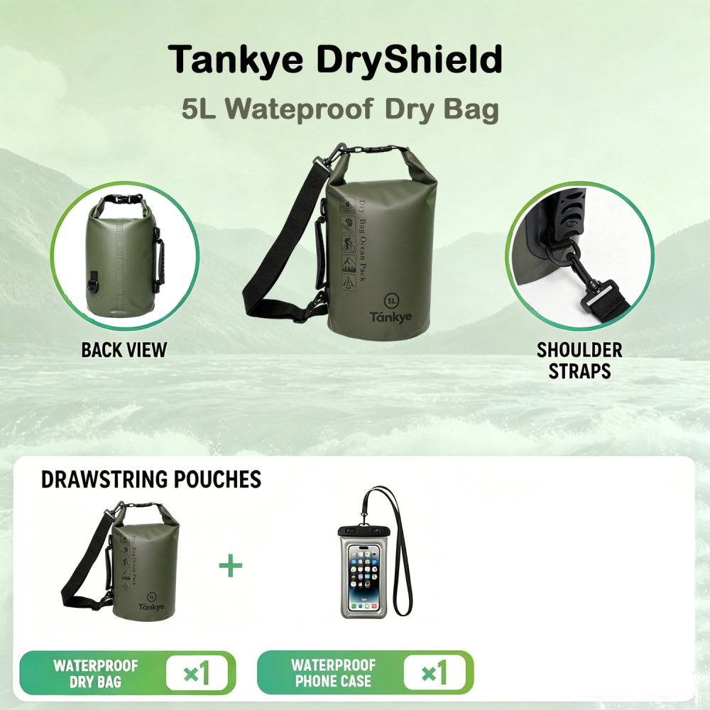 Tankye DryShield 5L Waterproof Dry Bag - Roll Top Waterproof Backpack Sack Keeps Gear Dry for Kayaking, Boating, Fishing, Swimming and Camping with Waterproof Phone Case