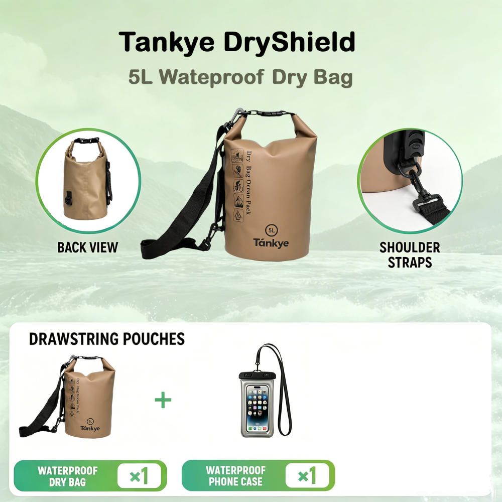 Tankye DryShield 5L Waterproof Dry Bag - Roll Top Waterproof Backpack Sack Keeps Gear Dry for Kayaking, Boating, Fishing, Swimming and Camping with Waterproof Phone Case