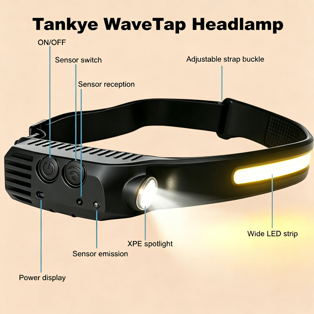 Tankye WaveTap Headlamp LED Headlamp Rechargeable, 230° Wide Beam headtorch with Motion Sensor, 4 Light Modes Adjustable, 5 Mode Waterproof Lightweight for Hiking Camping Running Outdoor