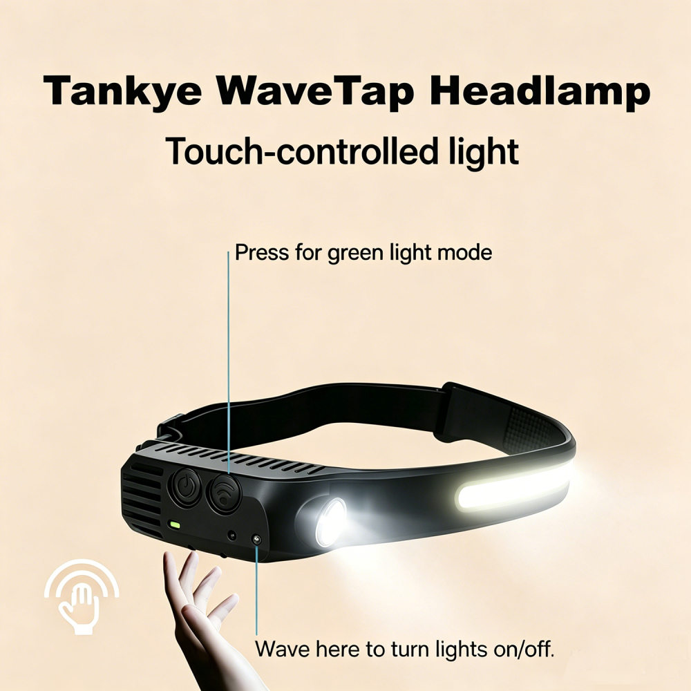 Tankye WaveTap Headlamp LED Headlamp Rechargeable, 230° Wide Beam headtorch with Motion Sensor, 4 Light Modes Adjustable, 5 Mode Waterproof Lightweight for Hiking Camping Running Outdoor