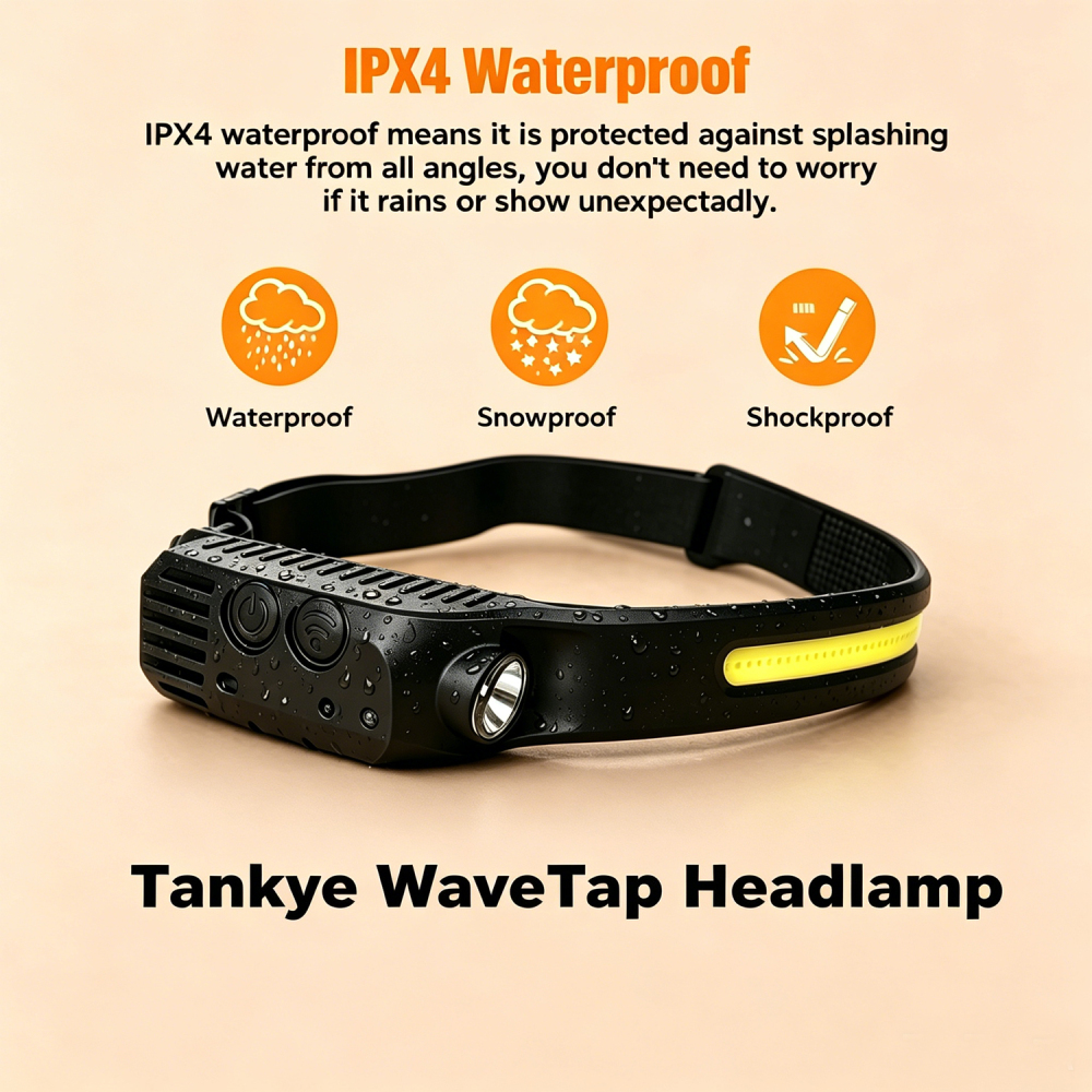 Tankye WaveTap Headlamp LED Headlamp Rechargeable, 230° Wide Beam headtorch with Motion Sensor, 4 Light Modes Adjustable, 5 Mode Waterproof Lightweight for Hiking Camping Running Outdoor
