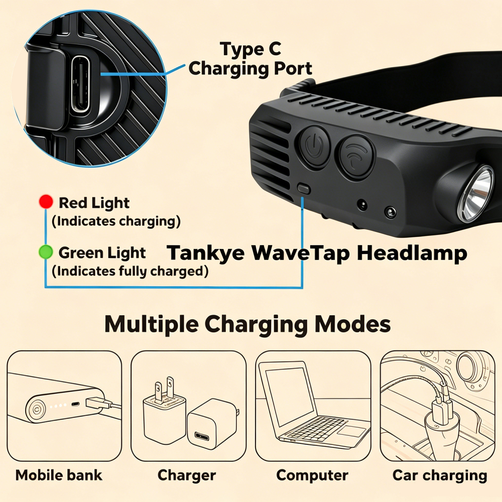 Tankye WaveTap Headlamp LED Headlamp Rechargeable, 230° Wide Beam headtorch with Motion Sensor, 4 Light Modes Adjustable, 5 Mode Waterproof Lightweight for Hiking Camping Running Outdoor