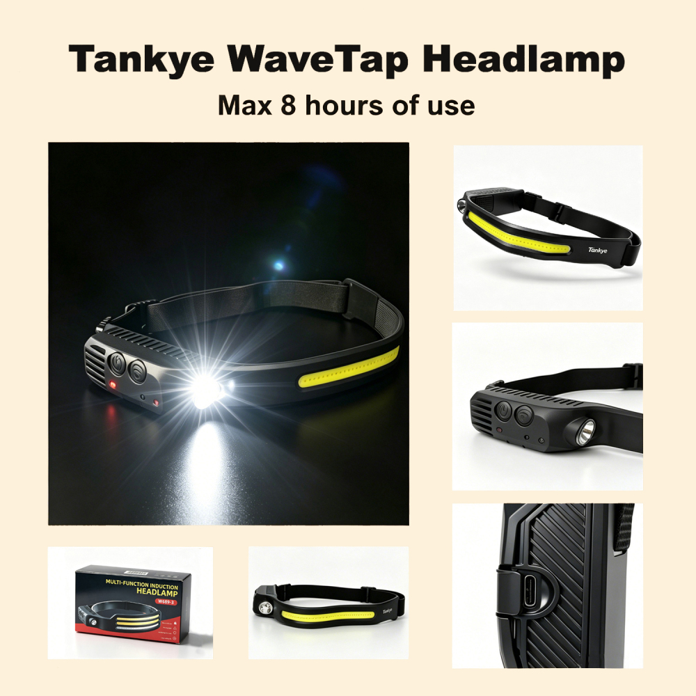 Tankye WaveTap Headlamp LED Headlamp Rechargeable, 230° Wide Beam headtorch with Motion Sensor, 4 Light Modes Adjustable, 5 Mode Waterproof Lightweight for Hiking Camping Running Outdoor