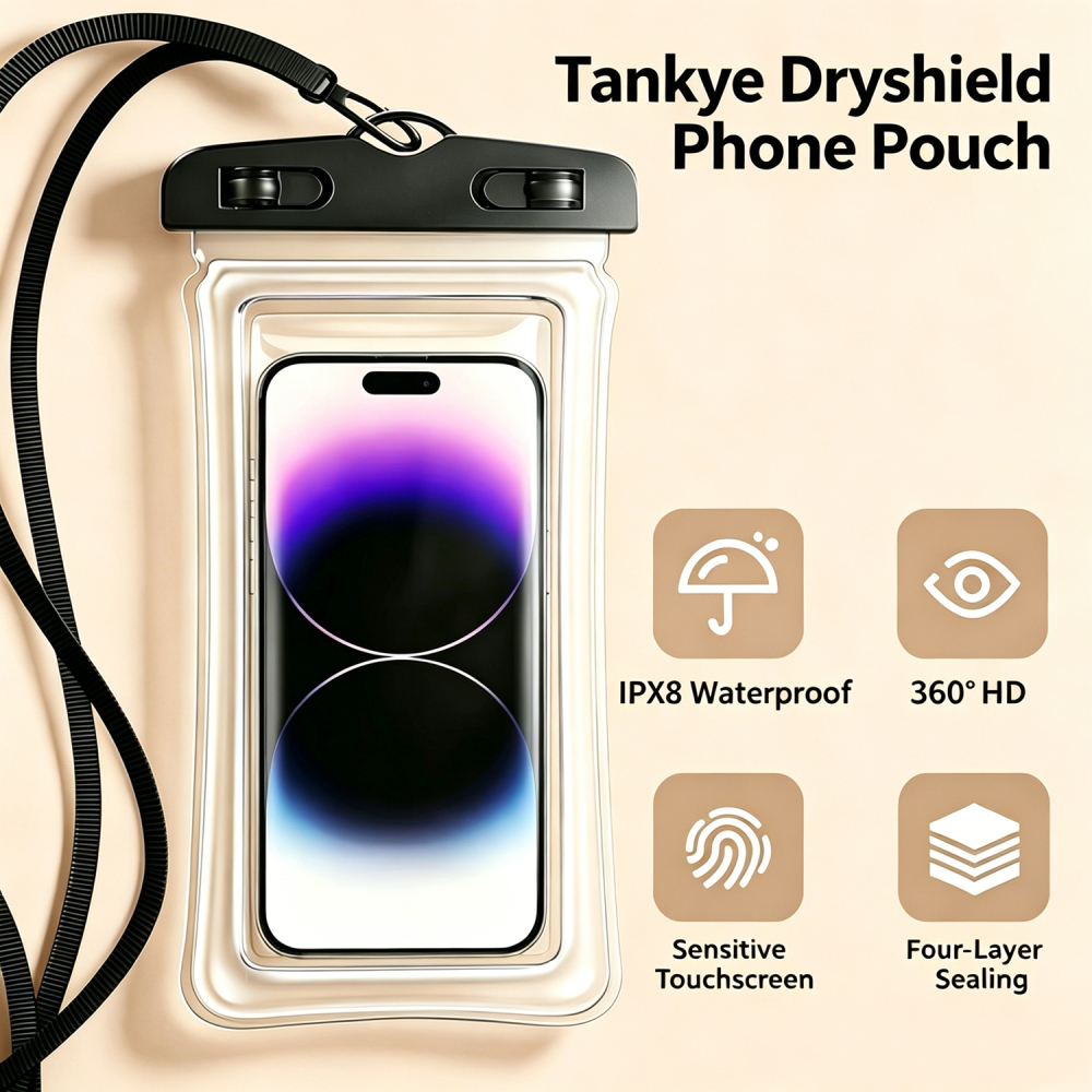 Tankye Dryshield Phone Pouch Waterproof Phone Pouch, with Interior Card Pocket, Large Waterproof Phone Case for iPhone 17 16 15 14 Pro Max, IPX8 Lightweight Cellphone Dry Bag, Beach Cruise Ship Essential