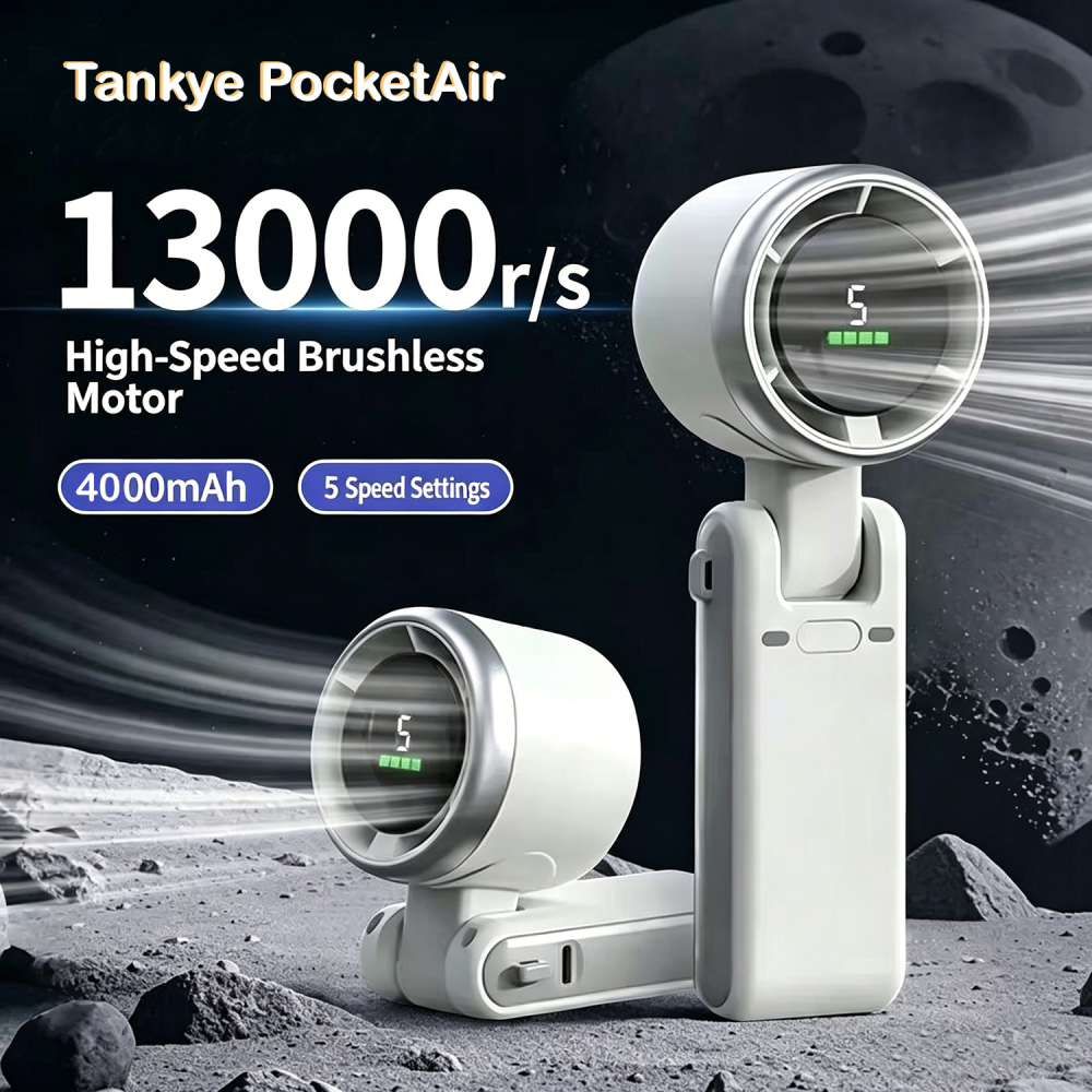 Tankye PocketAir Portable Handheld Turbo Fan - 5 Gear High Speed 4000mAh Rechargeable Mini Personal Hand Fan Blow Cold Air, Battery Operated Travel Essentials, Beach Vacation, Gifts for Women, Men