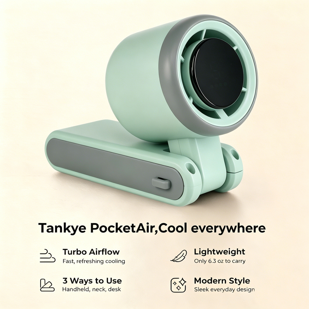 Tankye PocketAir Portable Handheld Turbo Fan - 5 Gear High Speed 4000mAh Rechargeable Mini Personal Hand Fan Blow Cold Air, Battery Operated Travel Essentials, Beach Vacation, Gifts for Women, Men