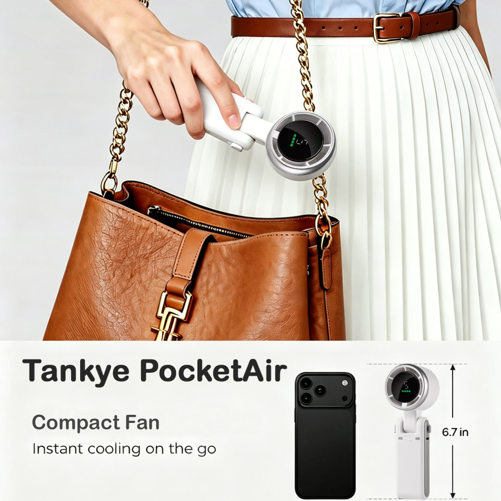 Tankye PocketAir Portable Handheld Turbo Fan - 5 Gear High Speed 4000mAh Rechargeable Mini Personal Hand Fan Blow Cold Air, Battery Operated Travel Essentials, Beach Vacation, Gifts for Women, Men